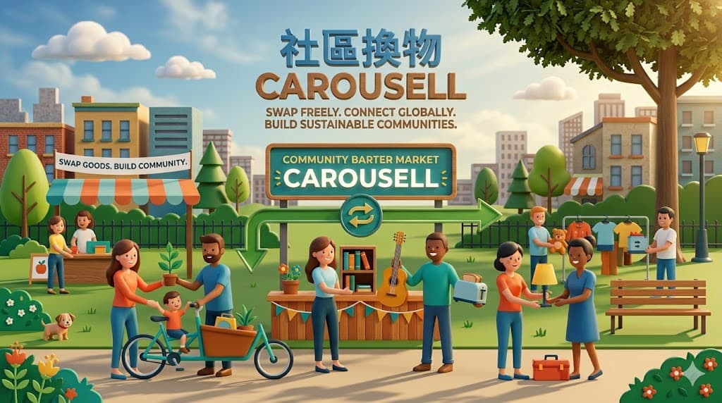 社區換物市場的 3D 插圖，展示多位市民在陽光明媚的公園裡友好地交換植物、吉他和家電等物品